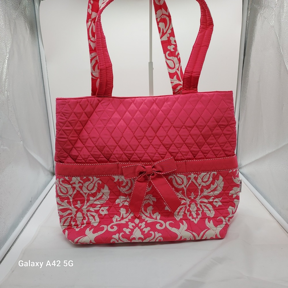 Belvah Pink Quilted Damask Tote Bag Bow Detail Gingham Lining Zip Shoulder Bag